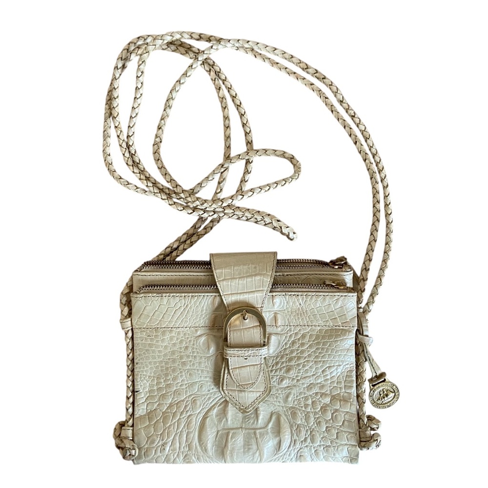 Brahmin Cream Gold Croc Embossed Leather Crossbody Purse Braided Straps
